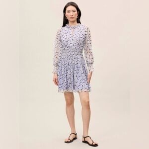 Rebecca Taylor Deco Floral Print Shirred Long Sleeve Dress 100% Silk